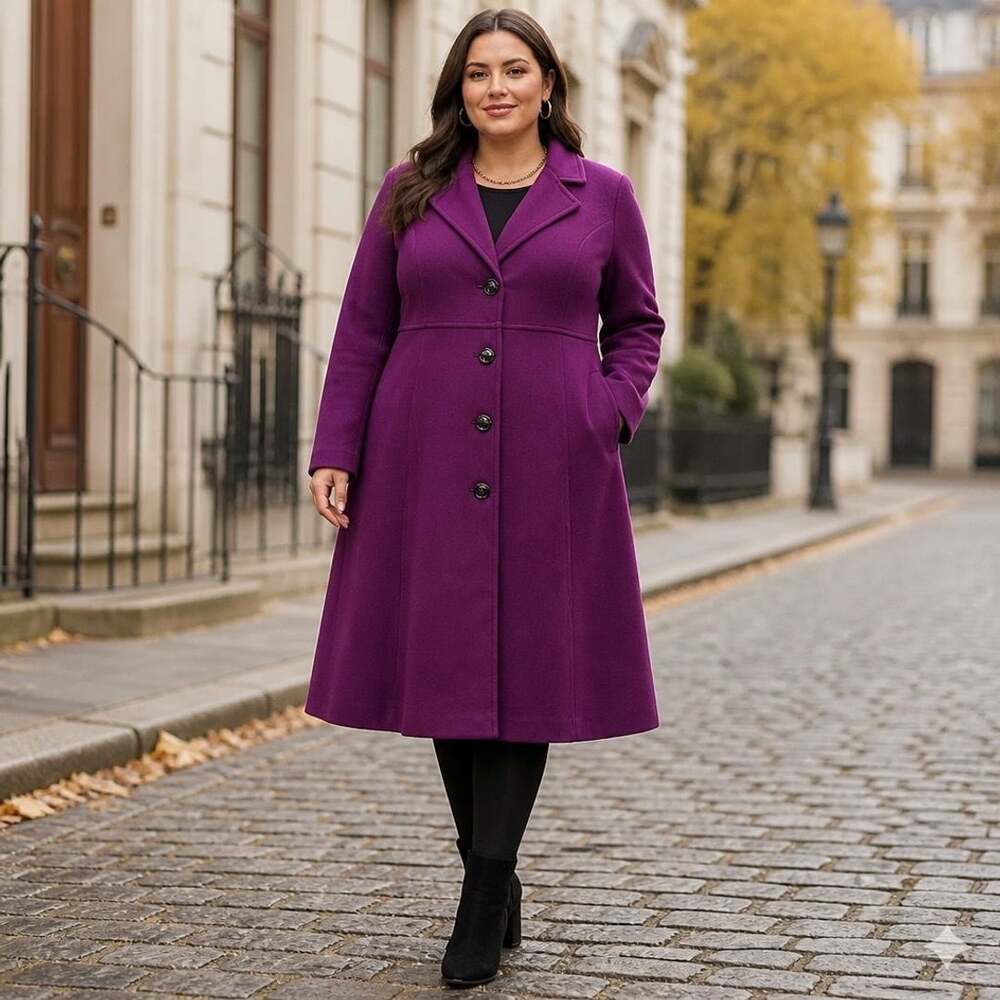 OWIND Women's Plus Size Purple/ Magenta Winter Single Breasted A-Line Coat 3XL